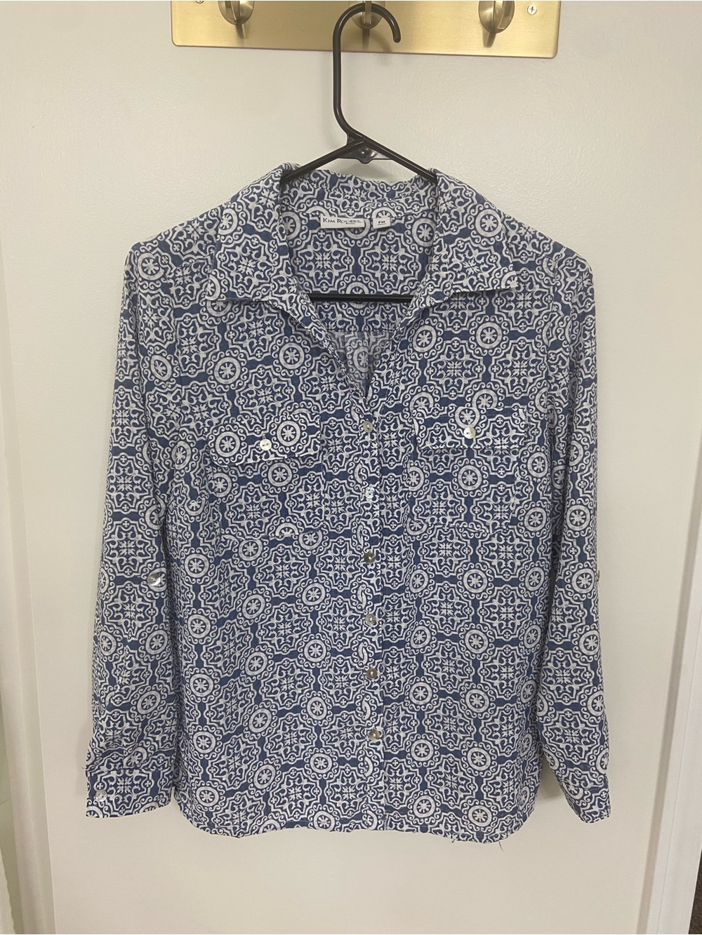 Kim Rogers Navy and White Patterned Button-Down Shirt